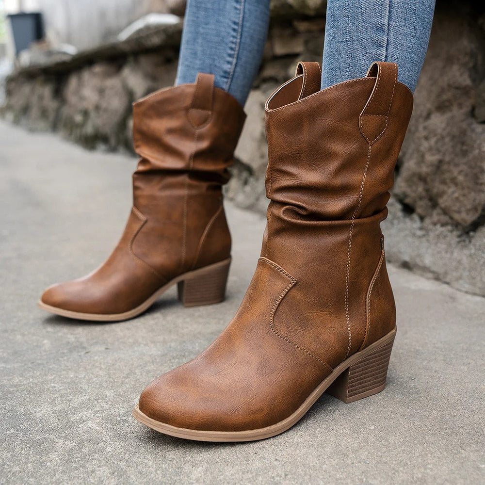Delvara | Bottes Western Femme Mi-Mollet Talon Bloc - Brown - Image 2