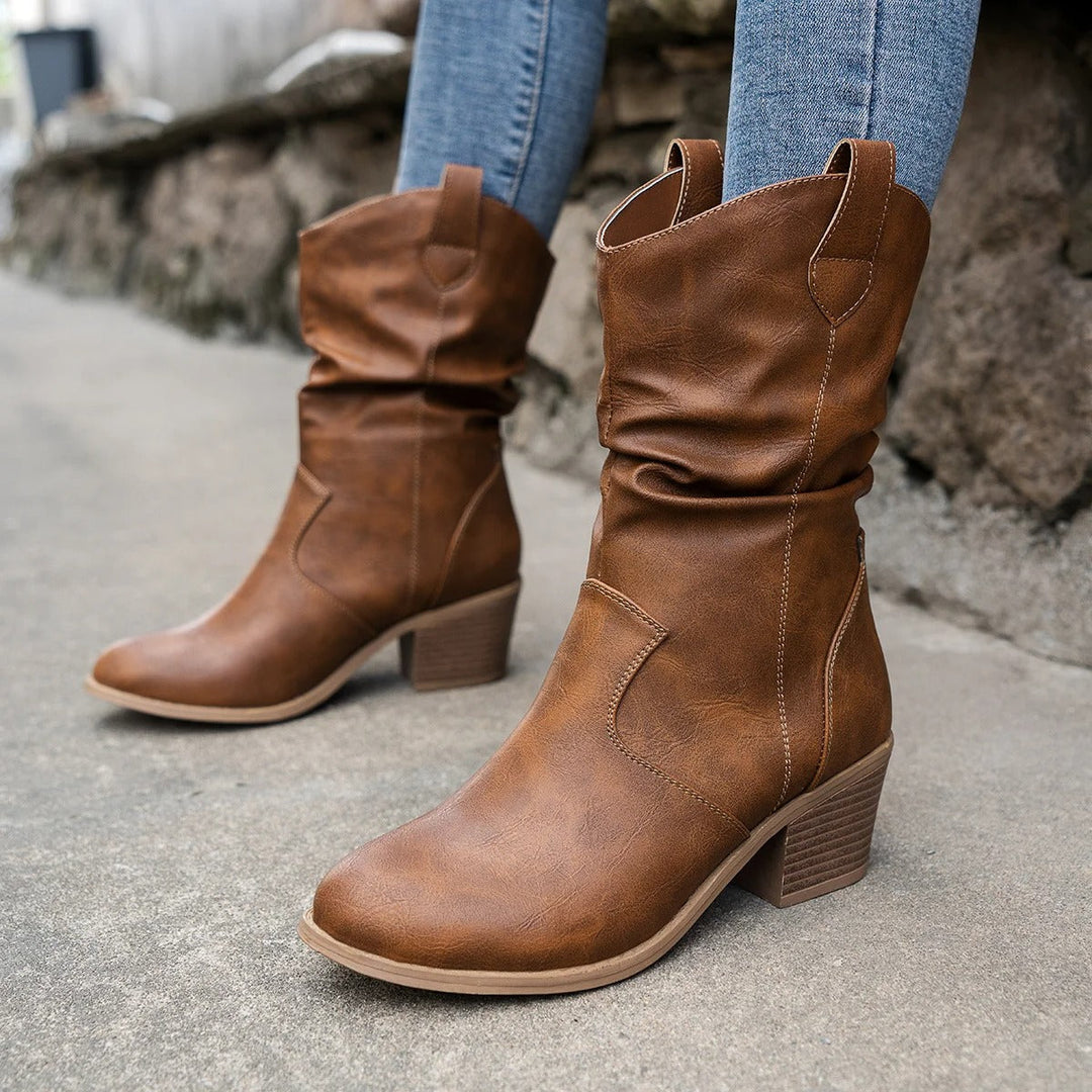 Delvara | Bottes Western Femme Mi-Mollet Talon Bloc - Brown - Image 2