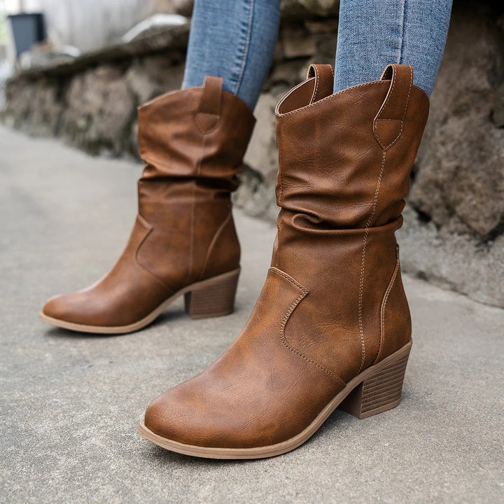 Delvara | Bottes Western Femme Mi-Mollet Talon Bloc - Brown - Image 2