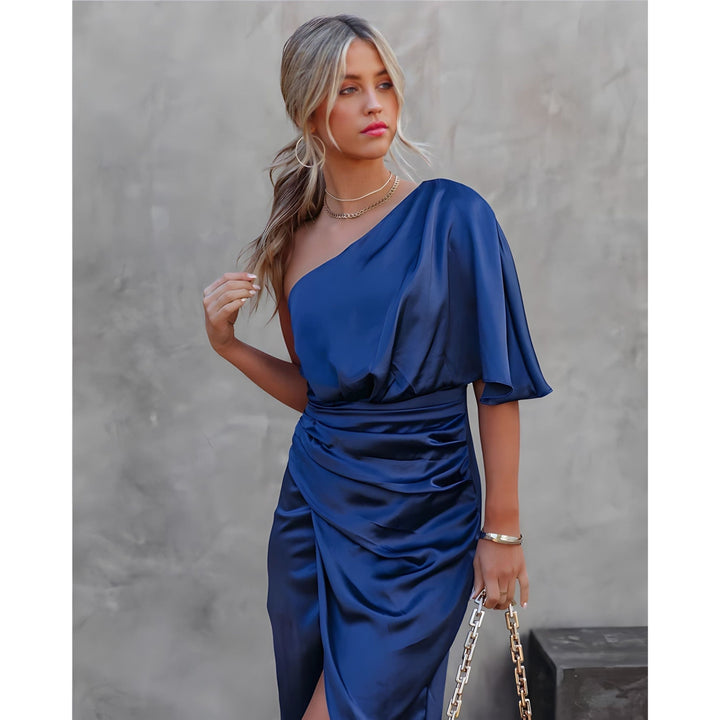 Delvhane | Femme Robe Cocktail Épaule Dénudée Midi - Royal Blue - Image 1