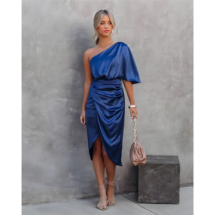 Delvhane | Femme Robe Cocktail Épaule Dénudée Midi - Royal Blue - Image 3