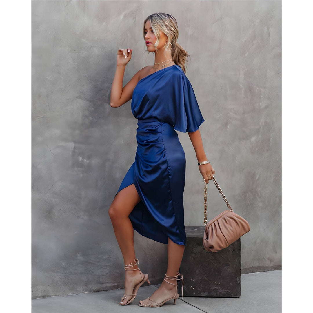 Delvhane | Femme Robe Cocktail Épaule Dénudée Midi - Royal Blue - Image 4