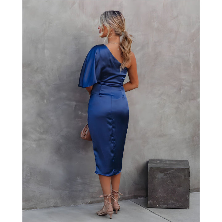 Delvhane | Femme Robe Cocktail Épaule Dénudée Midi - Royal Blue - Image 5