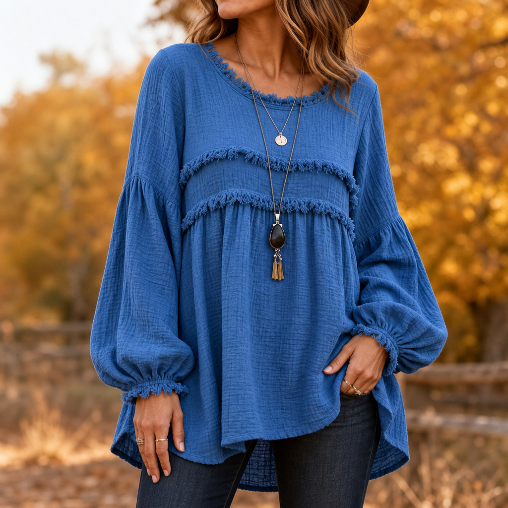 Delvhara | Femme Blouse Bohème Franges Manches Longues - Blue - Image 1