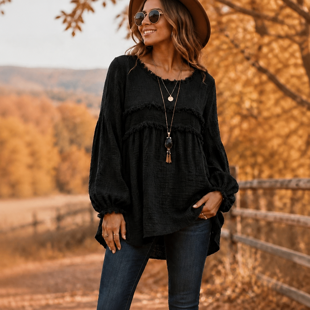 Delvhara | Femme Blouse Bohème Franges Manches Longues - Blue - Image 14