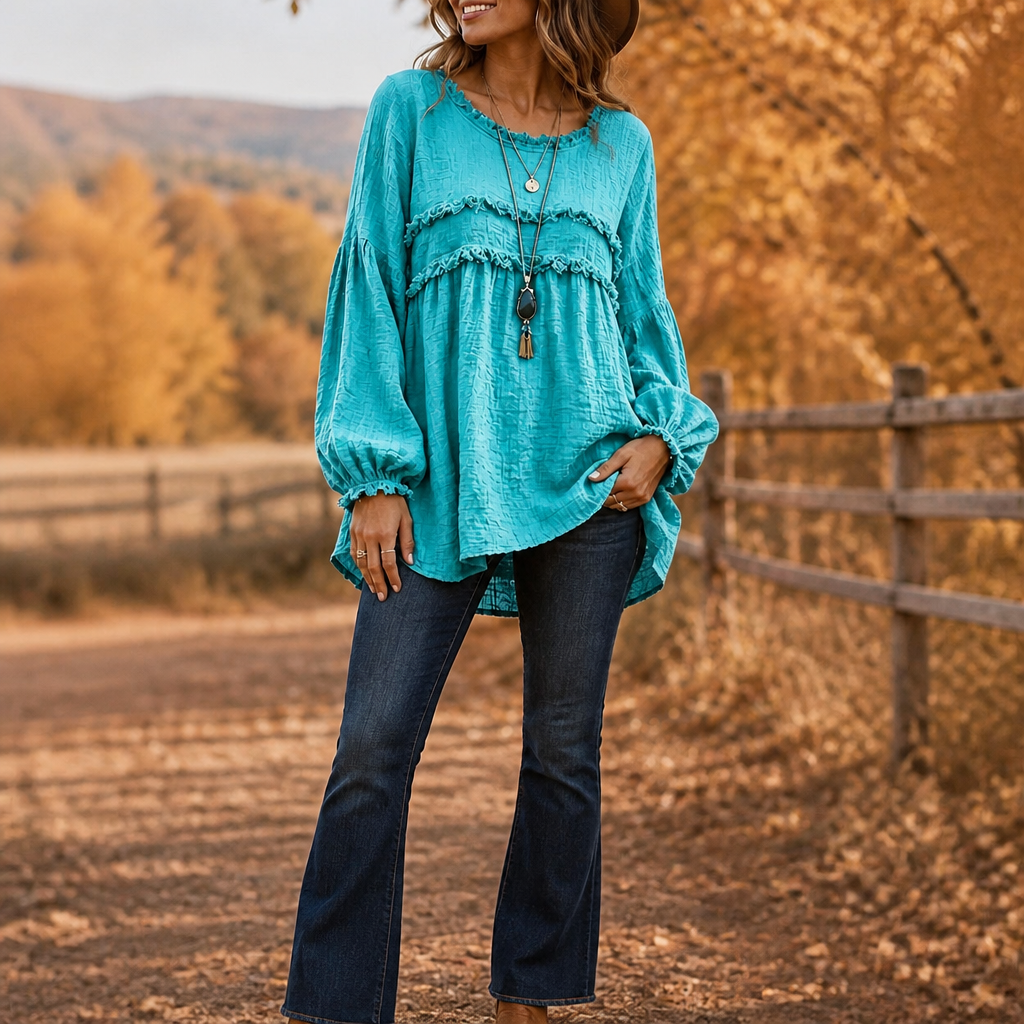 Delvhara | Femme Blouse Bohème Franges Manches Longues - Blue - Image 15