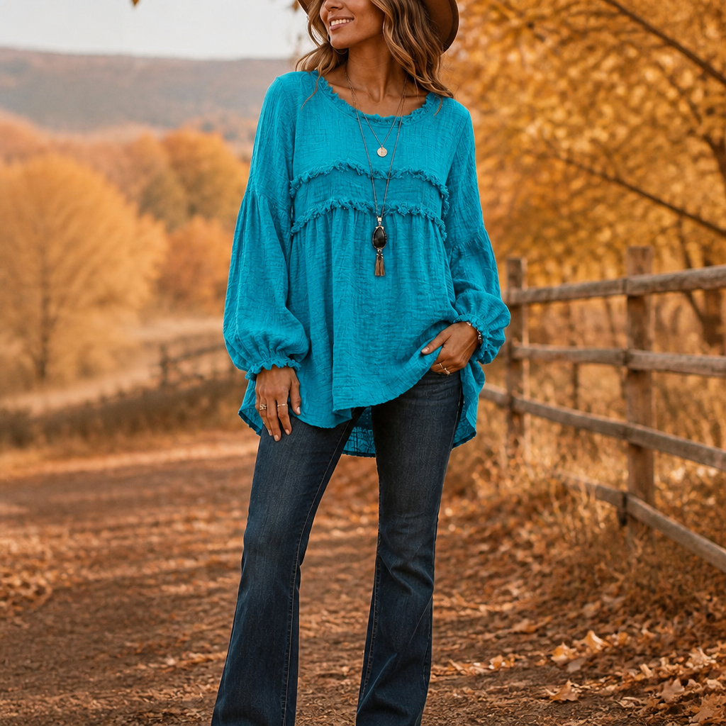 Delvhara | Femme Blouse Bohème Franges Manches Longues - Blue - Image 16