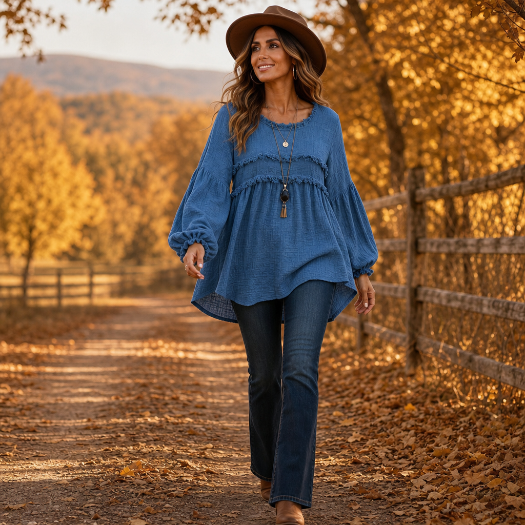 Delvhara | Femme Blouse Bohème Franges Manches Longues - Blue - Image 2