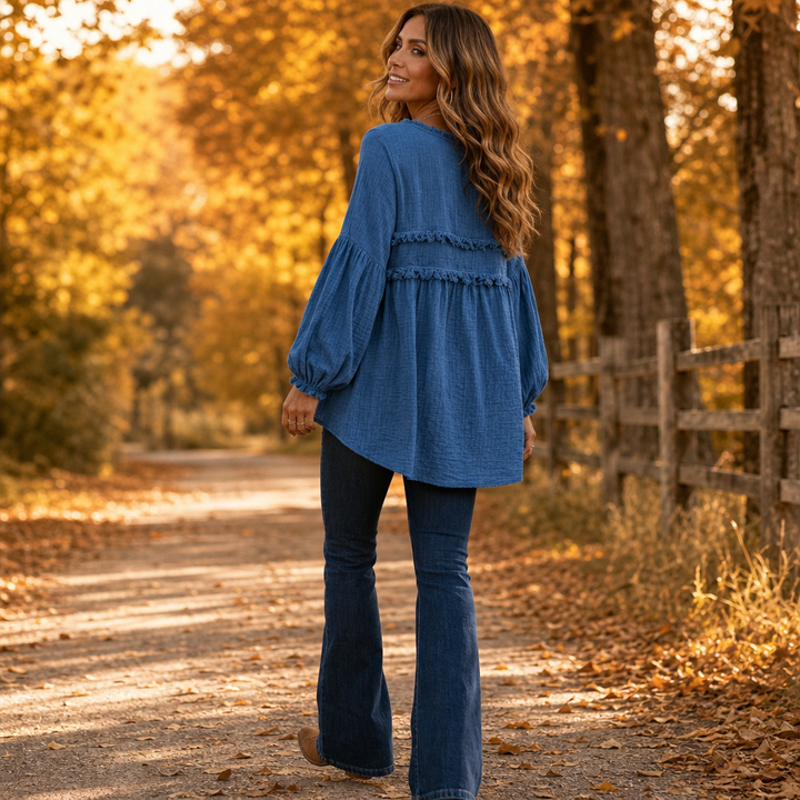 Delvhara | Femme Blouse Bohème Franges Manches Longues - Blue - Image 4