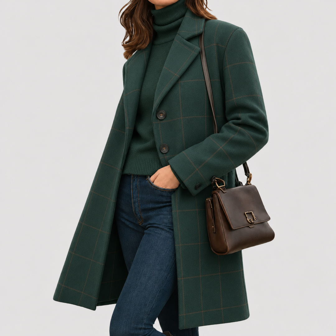 Delvhène | Manteau Long Femme Carreaux Coupe Ajustée - Dark Green - Image 1