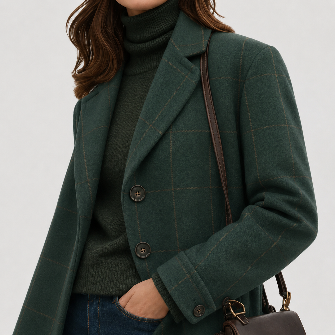 Delvhène | Manteau Long Femme Carreaux Coupe Ajustée - Dark Green - Image 2