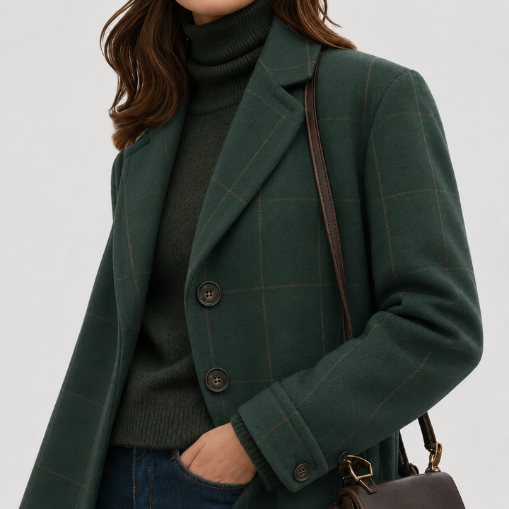 Delvhène | Manteau Long Femme Carreaux Coupe Ajustée - Dark Green - Image 2
