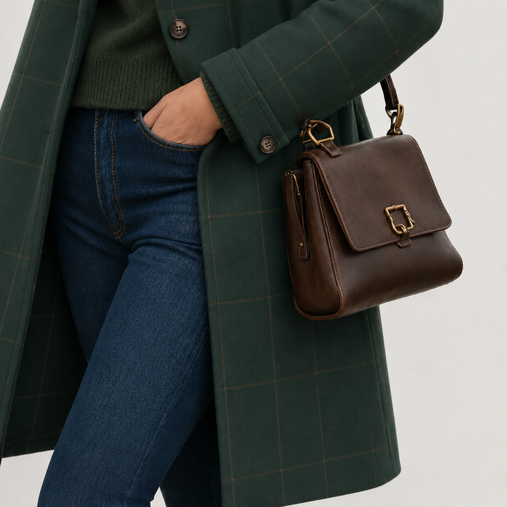 Delvhène | Manteau Long Femme Carreaux Coupe Ajustée - Dark Green - Image 3