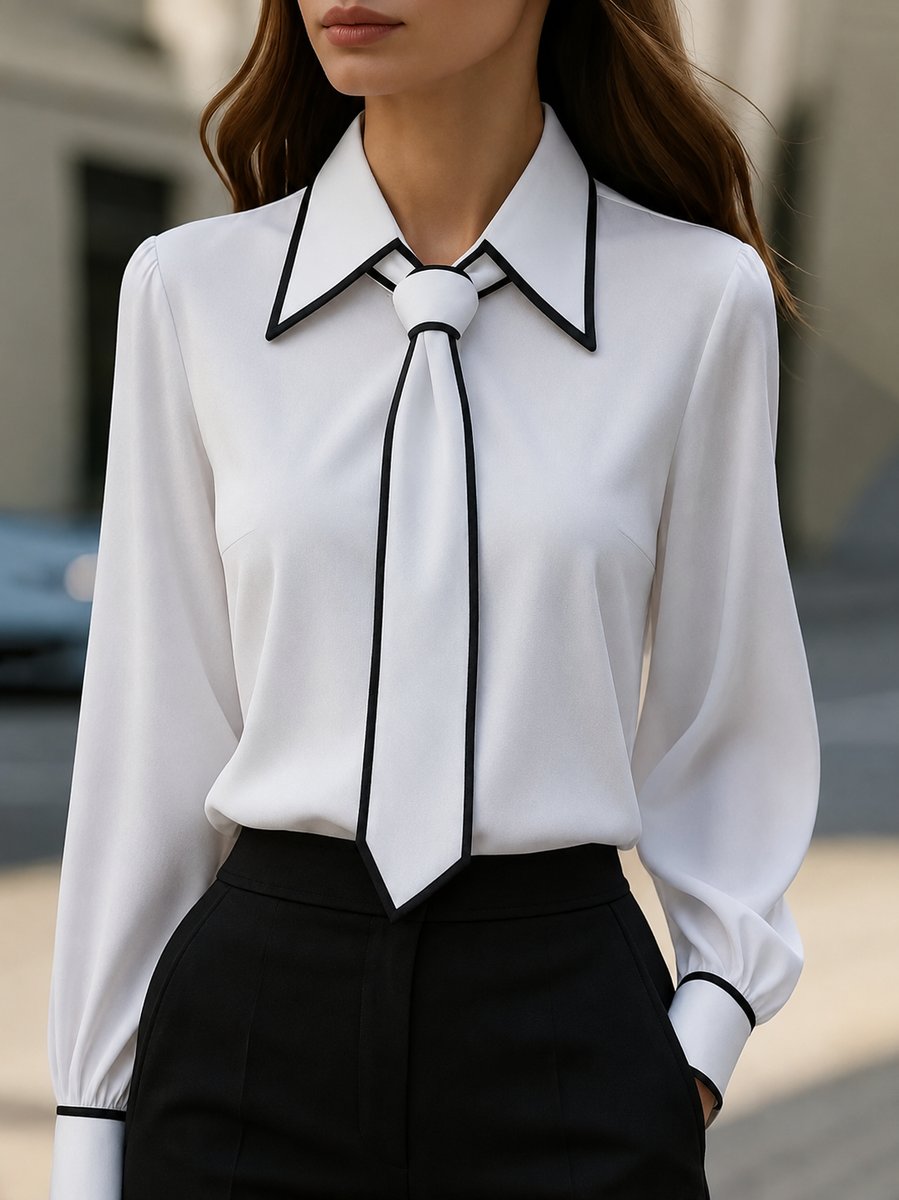 Delvhorie | Femme Chemisier Col Chemise Manches Longues - White - Image 1