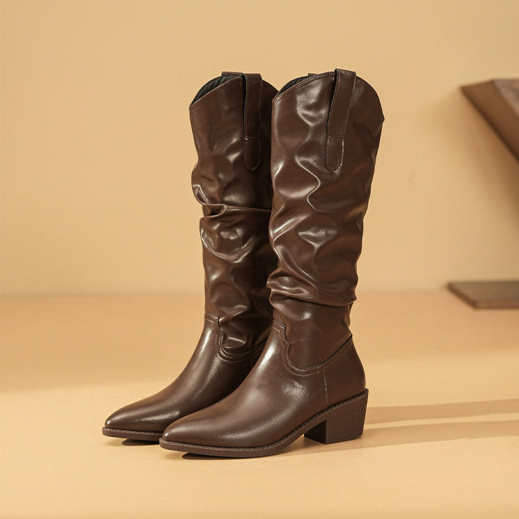 Delvorie | Femme Bottes Hautes à Fronces Talon Bloc - Brown - Image 7
