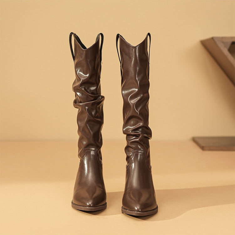 Delvorie | Femme Bottes Hautes à Fronces Talon Bloc - Brown - Image 8