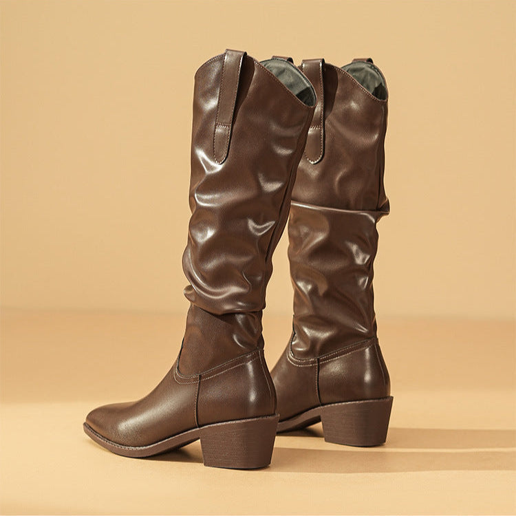 Delvorie | Femme Bottes Hautes à Fronces Talon Bloc - Brown - Image 9