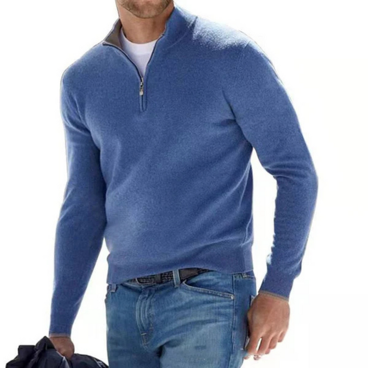 Delvorn | Homme Pull Col Zippé Ajusté - Blue - Image 1