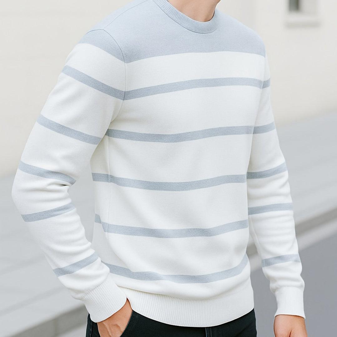 Delvorn | Homme Pull Rayé Col Rond Manches Longues - Light Blue - Image 1