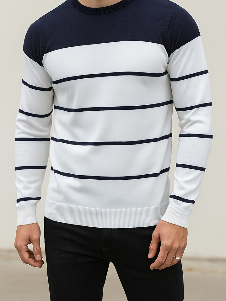 Delvorn | Homme Pull Rayé Col Rond Manches Longues - Light Blue - Image 12