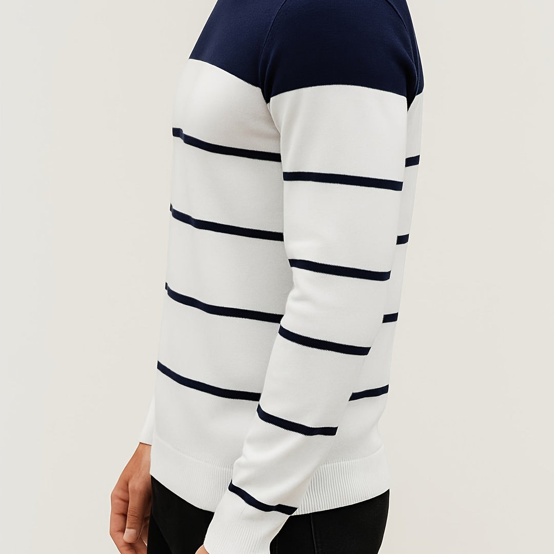 Delvorn | Homme Pull Rayé Col Rond Manches Longues - Light Blue - Image 13