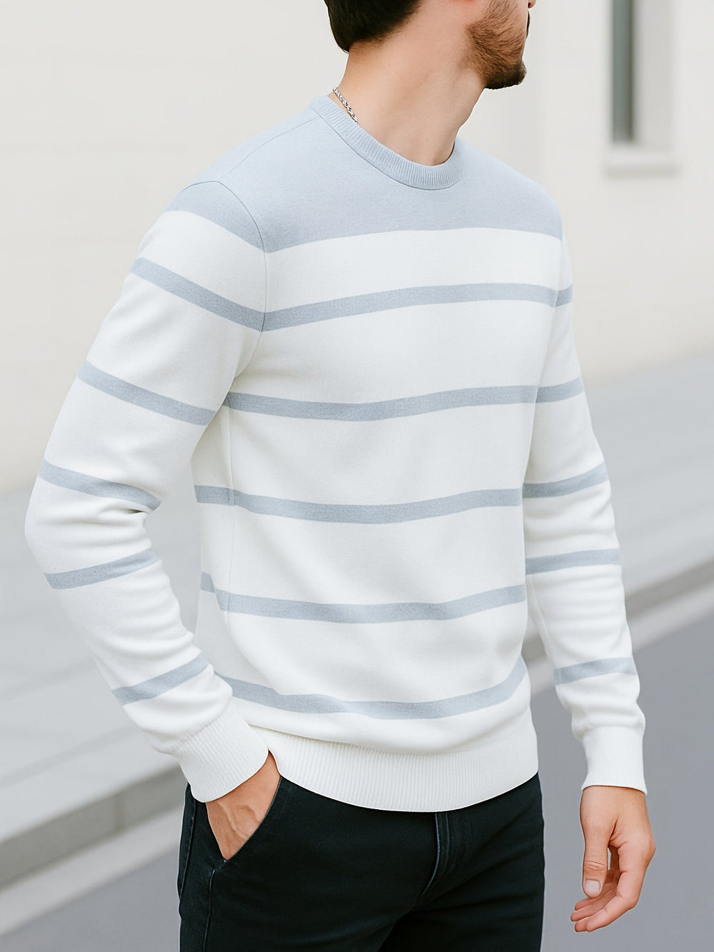 Delvorn | Homme Pull Rayé Col Rond Manches Longues - Light Blue - Image 2