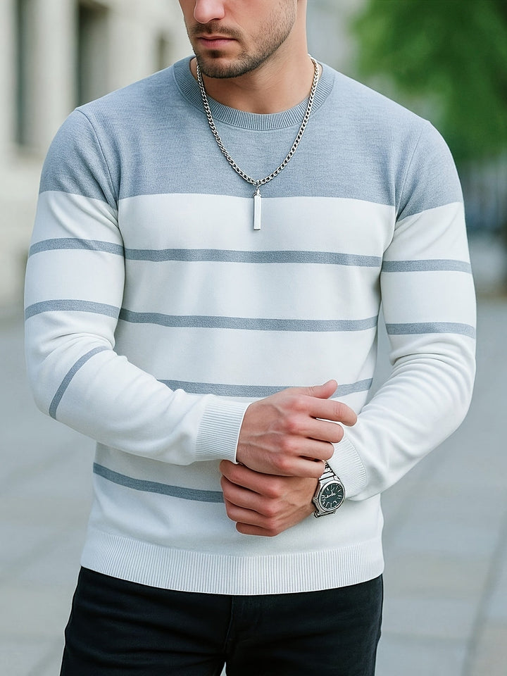 Delvorn | Homme Pull Rayé Col Rond Manches Longues - Light Blue - Image 3