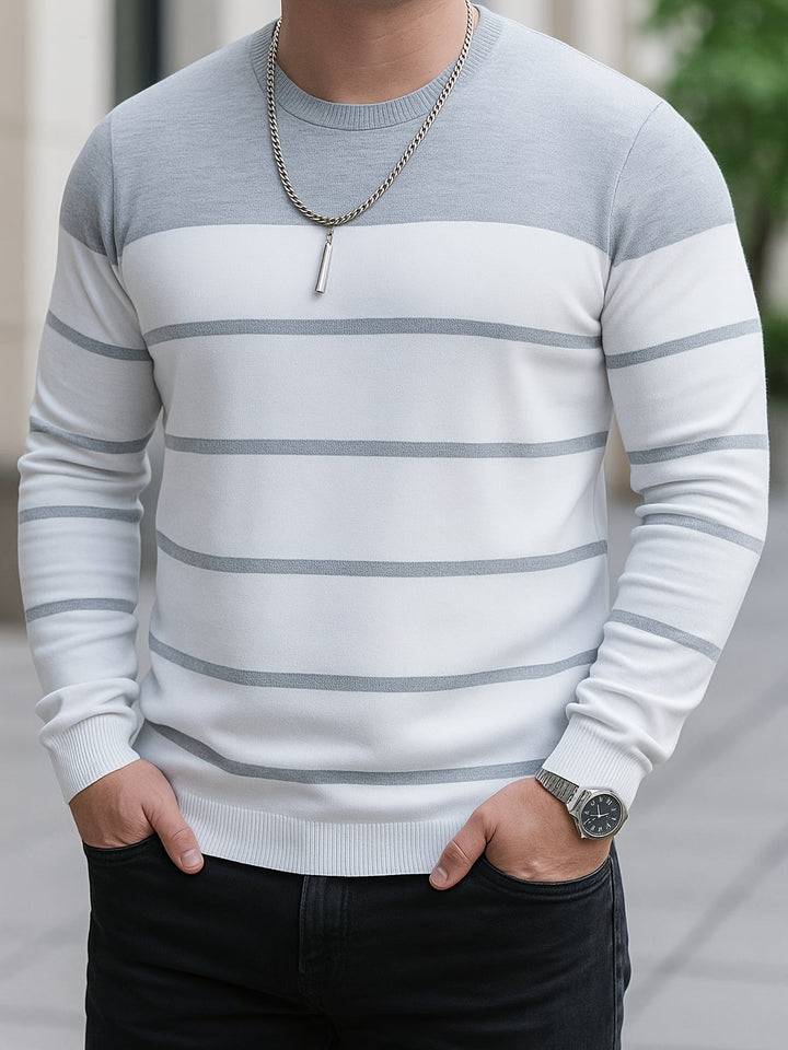 Delvorn | Homme Pull Rayé Col Rond Manches Longues - Light Blue - Image 5