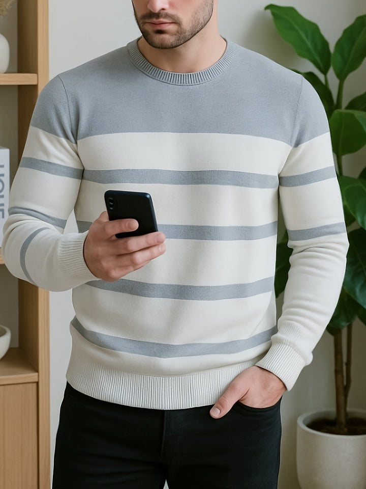 Delvorn | Homme Pull Rayé Col Rond Manches Longues - Light Blue - Image 6