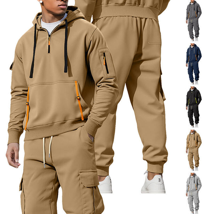Delvorn | Homme Sweat à Capuche Cargo Demi-Zip - Khaki - Image 1