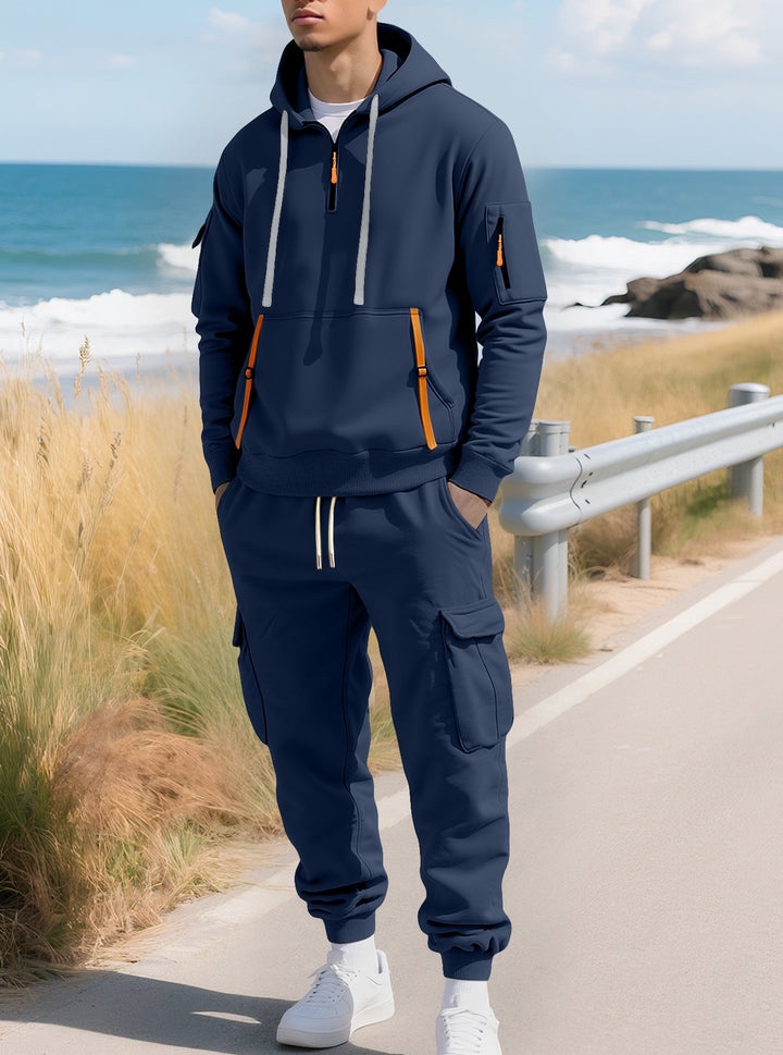 Delvorn | Homme Sweat à Capuche Cargo Demi-Zip - Khaki - Image 10