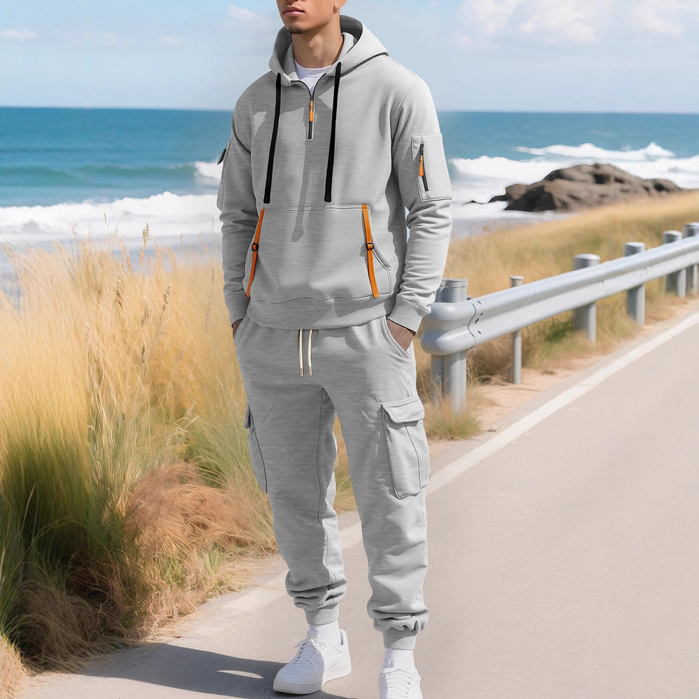 Delvorn | Homme Sweat à Capuche Cargo Demi-Zip - Khaki - Image 2