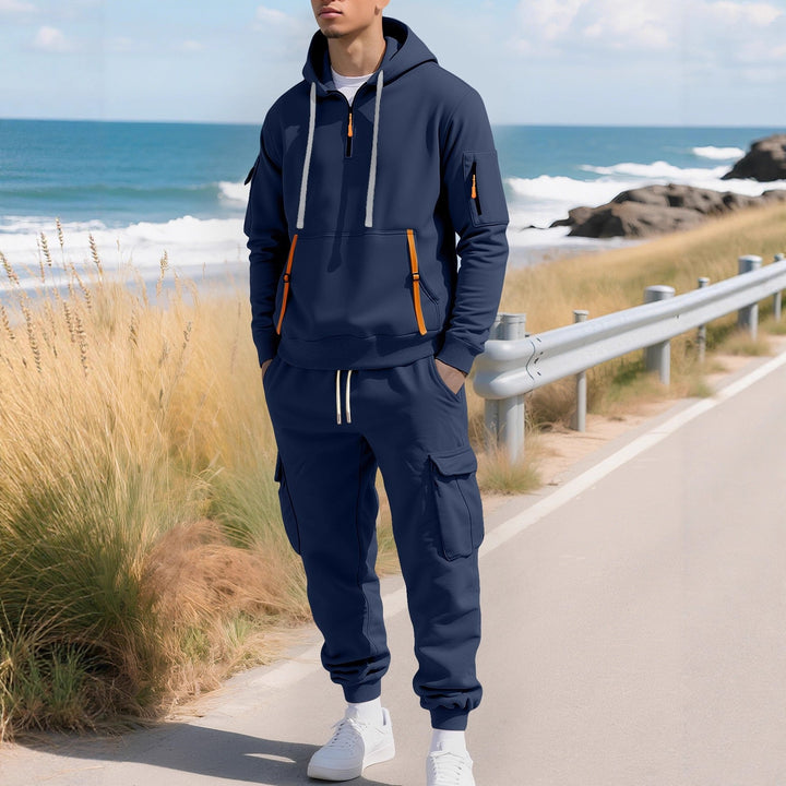 Delvorn | Homme Sweat à Capuche Cargo Demi-Zip - Khaki - Image 3