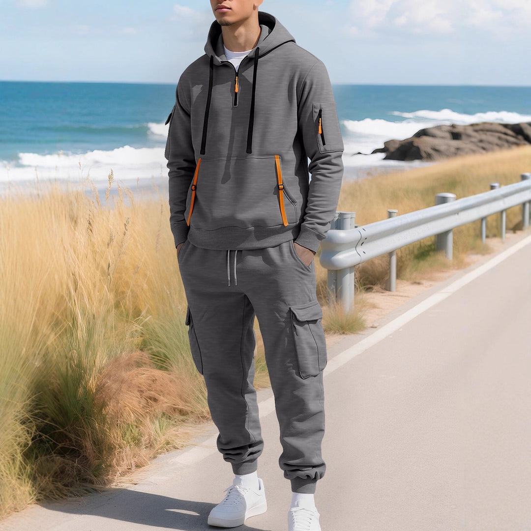 Delvorn | Homme Sweat à Capuche Cargo Demi-Zip - Khaki - Image 4