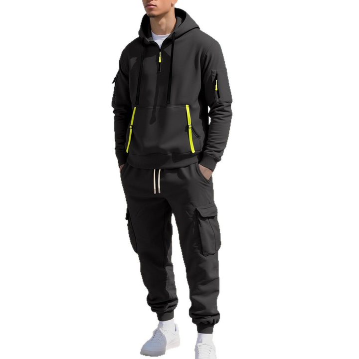 Delvorn | Homme Sweat à Capuche Cargo Demi-Zip - Khaki - Image 5