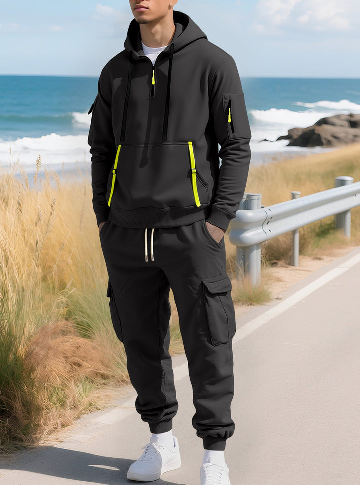 Delvorn | Homme Sweat à Capuche Cargo Demi-Zip - Khaki - Image 6