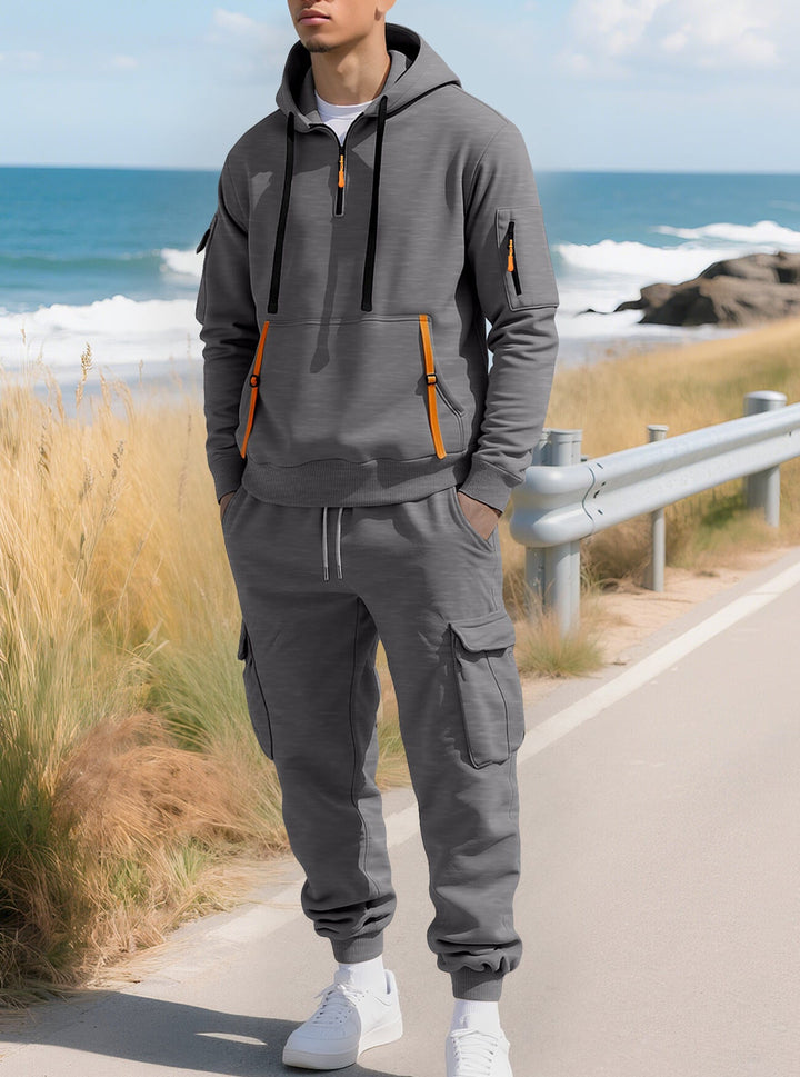 Delvorn | Homme Sweat à Capuche Cargo Demi-Zip - Khaki - Image 7