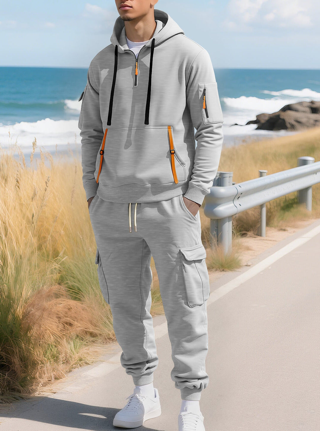 Delvorn | Homme Sweat à Capuche Cargo Demi-Zip - Khaki - Image 8