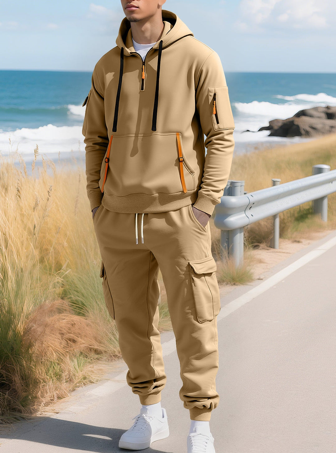 Delvorn | Homme Sweat à Capuche Cargo Demi-Zip - Khaki - Image 9