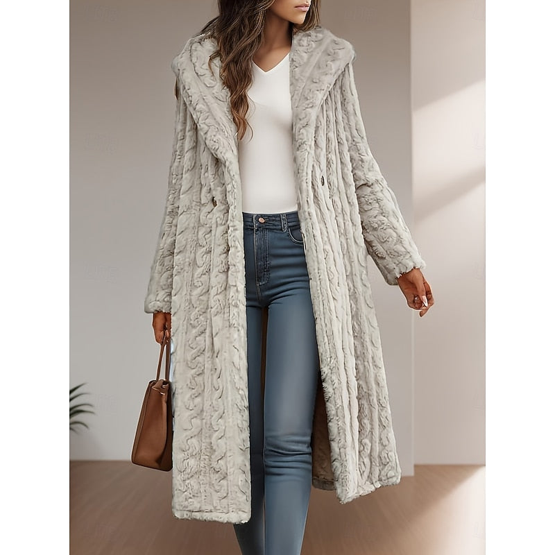 Delvyne | Femme Manteau Long Fausse Fourrure Capuche - Light Grey - Image 1