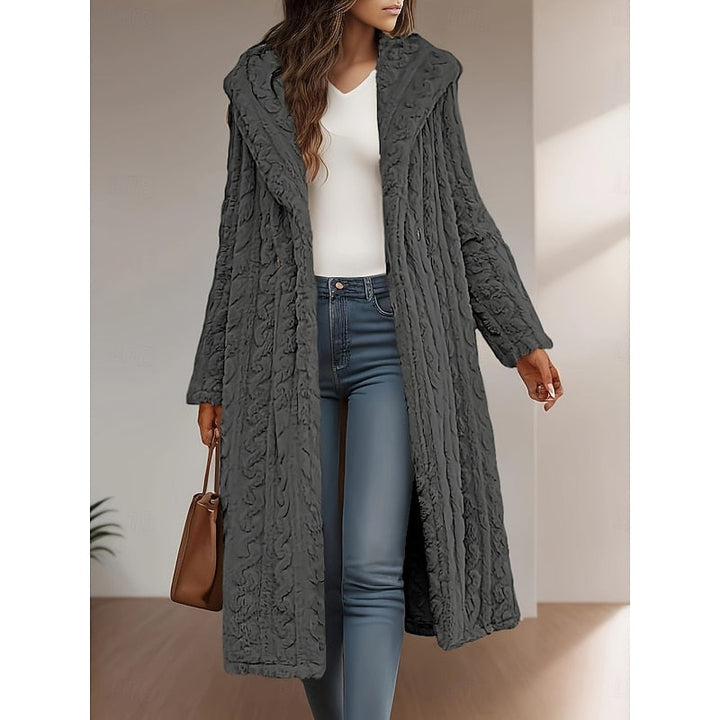 Delvyne | Femme Manteau Long Fausse Fourrure Capuche - Light Grey - Image 2