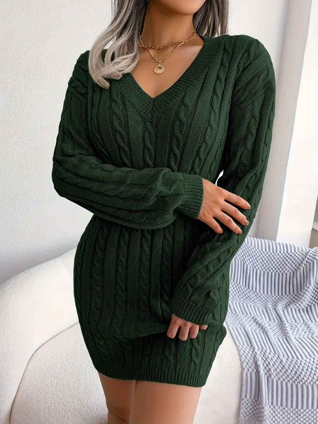 Delvyne | Femme Robe Pull Torsadée Col V - Burgundy - Image 20