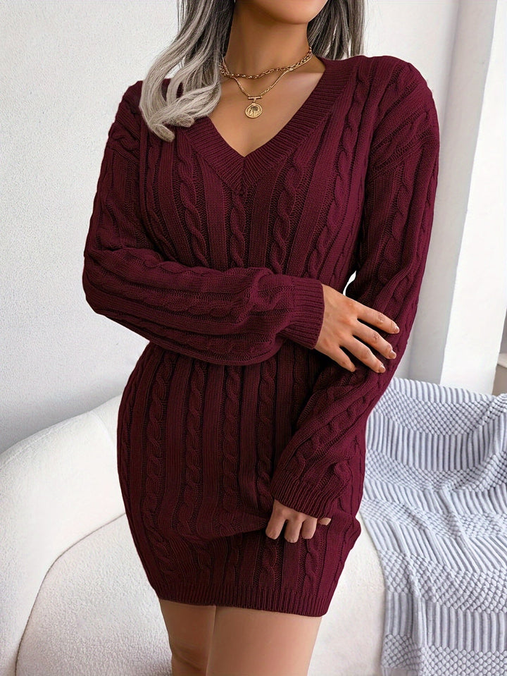 Delvyne | Femme Robe Pull Torsadée Col V - Burgundy - Image 3