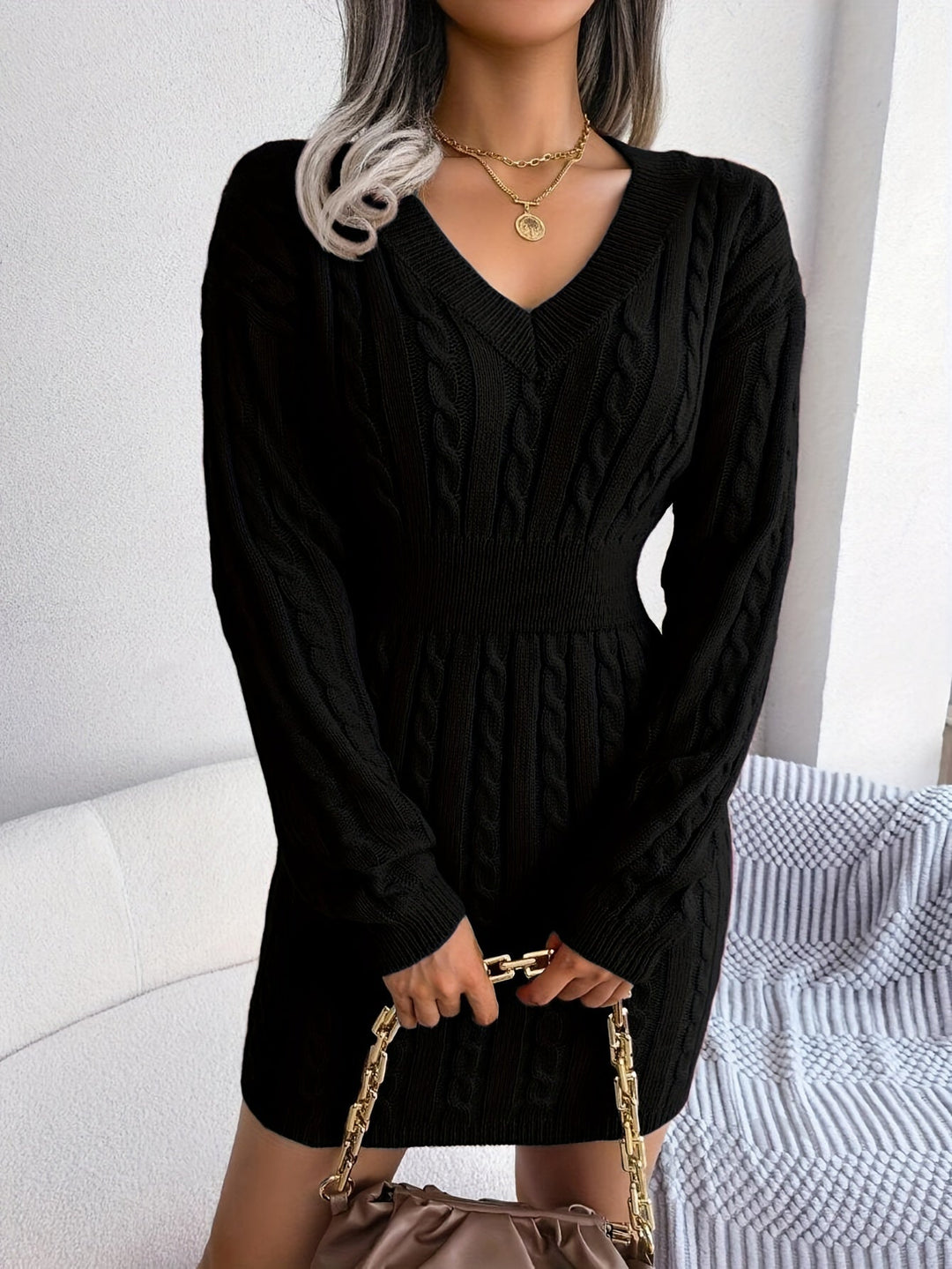 Delvyne | Femme Robe Pull Torsadée Col V - Burgundy - Image 7