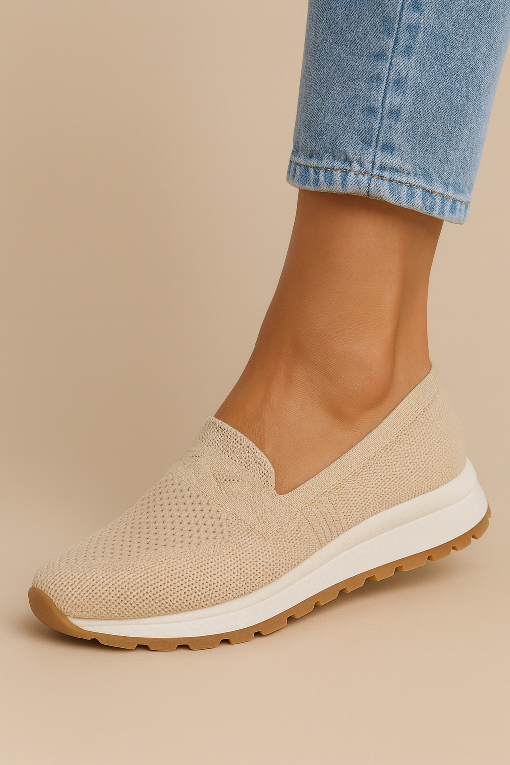 Délvane | Femme Basket Sans Lacets Tricotée Confort - Beige - Image 1