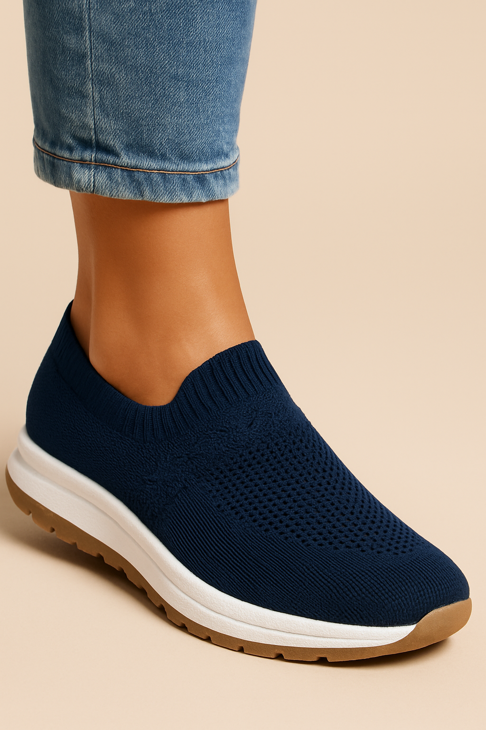 Délvane | Femme Basket Sans Lacets Tricotée Confort - Beige - Image 2
