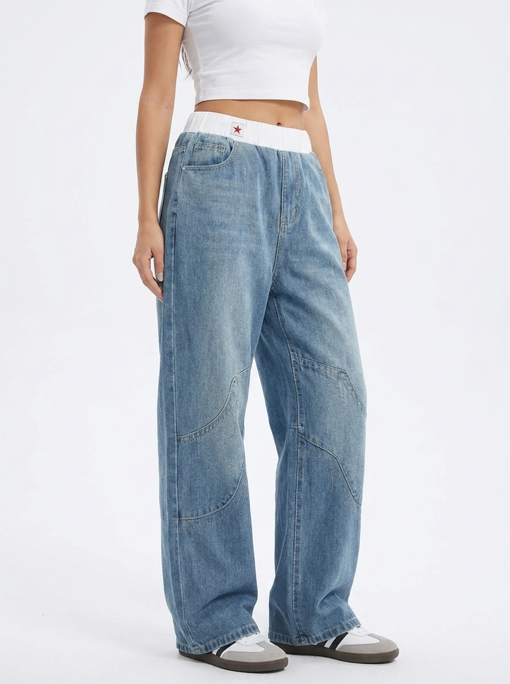 Délvoire | Femme Jean Large Taille Élastique Baggy - Light Blue - Image 1
