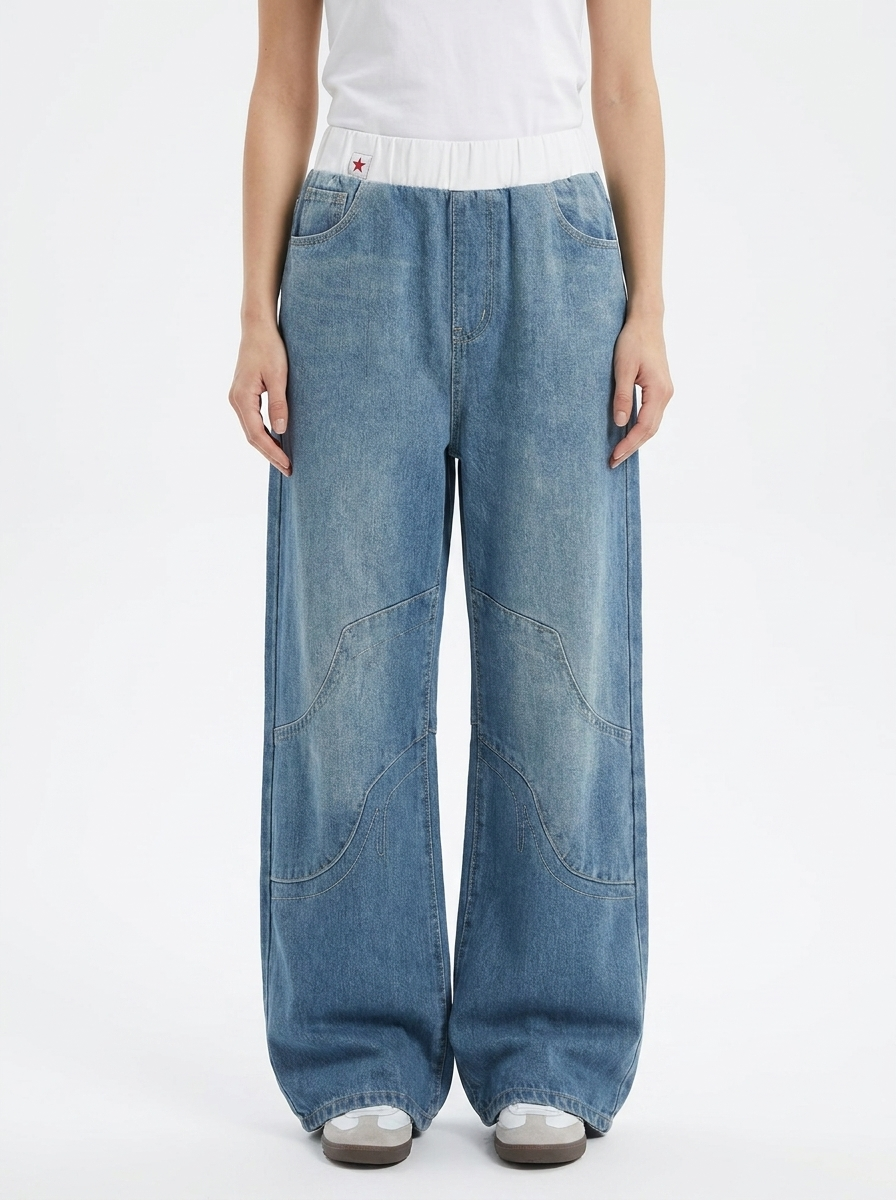 Délvoire | Femme Jean Large Taille Élastique Baggy - Light Blue - Image 2