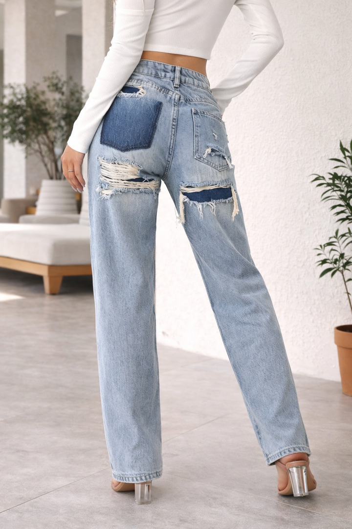Dolvhane | Femme Jean Large Taille Haute Déchiré - Light Blue - Image 2