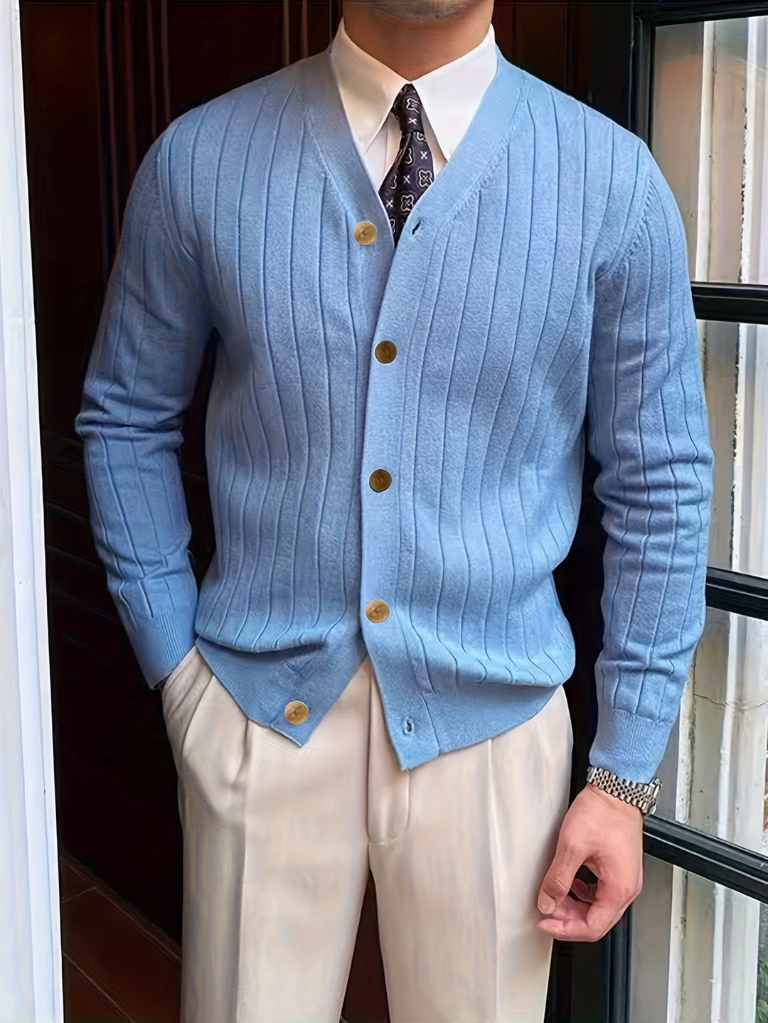 Dravael | Homme Gilet Boutonné Côtelé Col V - White - Image 11